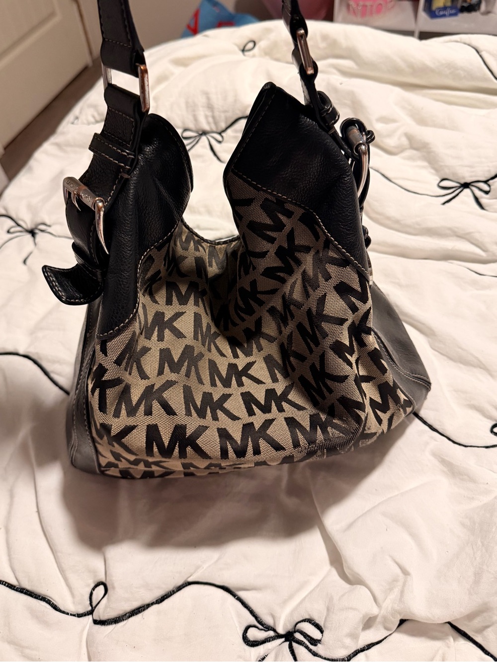 Michael Kors Black and Beige MK Logo Hobo Bag
